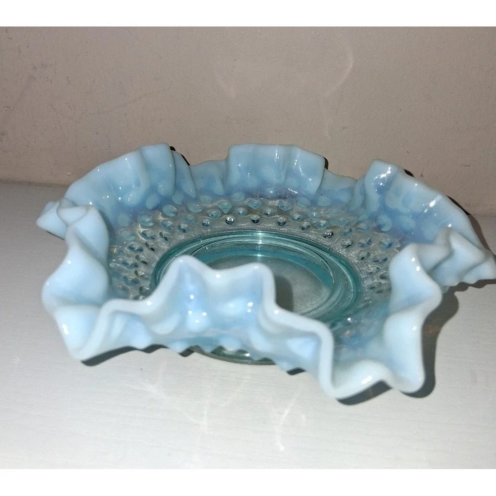 Vintage Fenton Blue Opalescent Hobnail Vase & Ruffled Plate Set 3